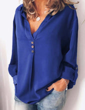 Load image into Gallery viewer, Blue button design classic collar v-neck blouse
