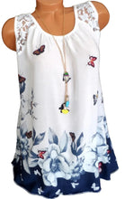 Load image into Gallery viewer, Sleeveless top with butterfly/floral pattern and upper lace
