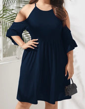 Load image into Gallery viewer, Plus size navy cold shoulder 1/2 sleeve midi dress
