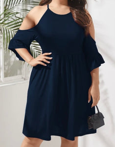 Plus size navy cold shoulder 1/2 sleeve midi dress