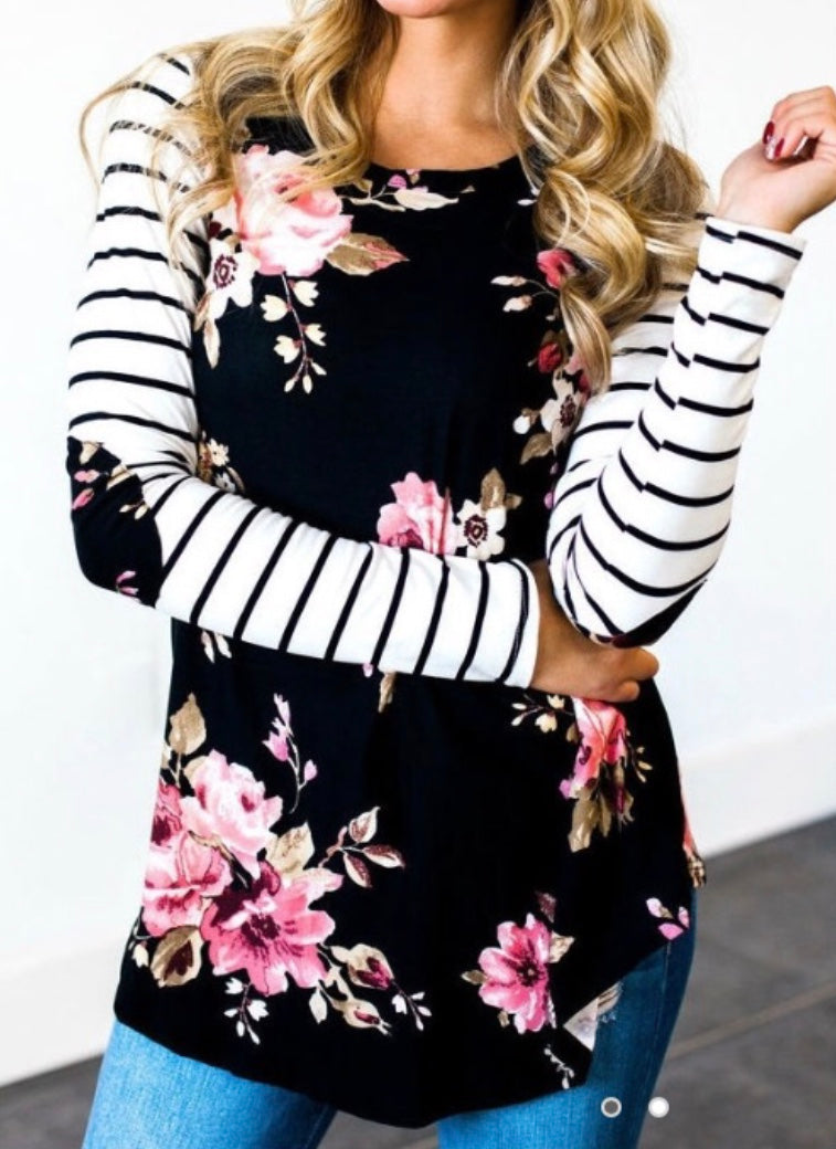 Floral striped long sleeve top with elbow patches