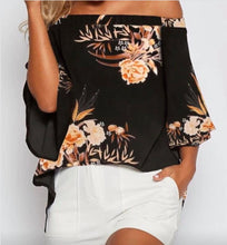 Load image into Gallery viewer, Off shoulder black peach floral blouse
