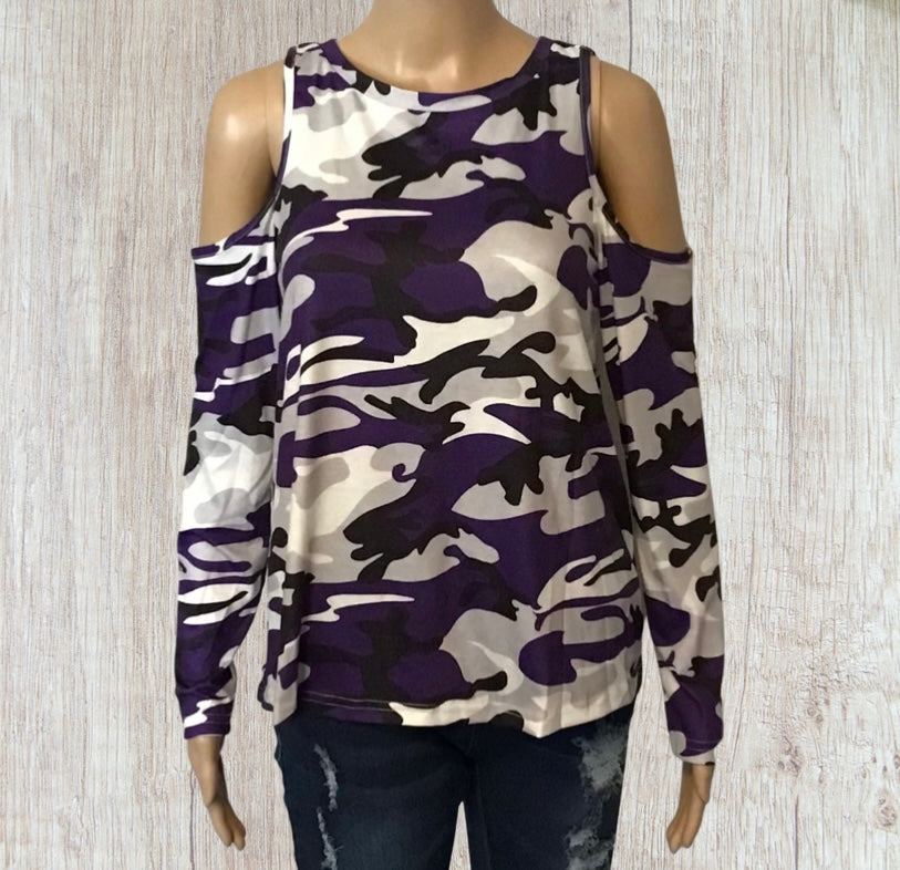 Long sleeve purple camouflage cold shoulder top