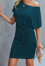 Load image into Gallery viewer, Teal batwing fitted dress with belt

