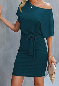 Teal batwing fitted dress with belt