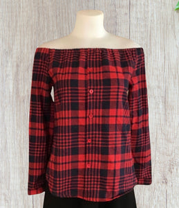 Off shoulder black/red plaid long sleeve top
