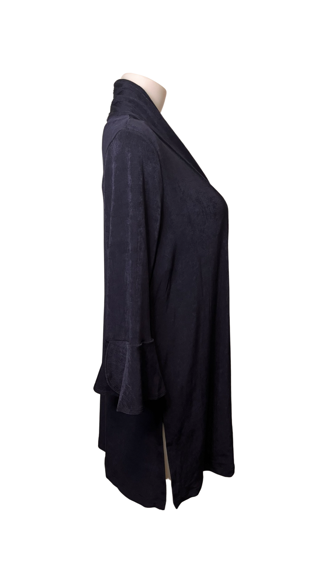 Navy cardigan with bell sleeves and side slits