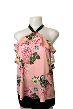 Load image into Gallery viewer, Pink floral tie up top with ruffle detail
