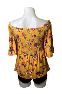 Off shoulder mustard yellow shirred top