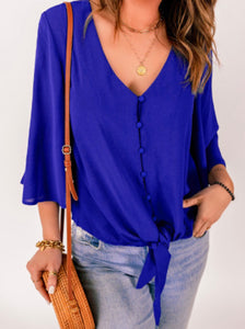 Button up blouse with tie up bottom