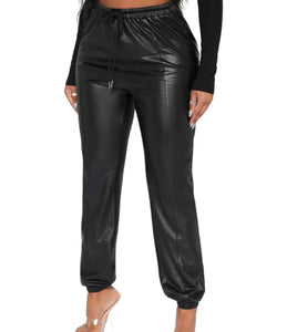 Drawstring waist PU leather pants