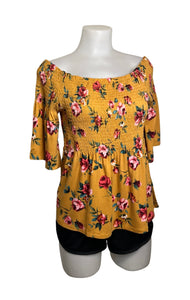 Off shoulder mustard yellow shirred top