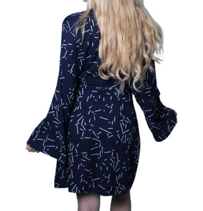 Navy patterned front knotted dress with bell sleeves