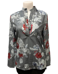 Button up floral blouse with 3/4 sleeve option.