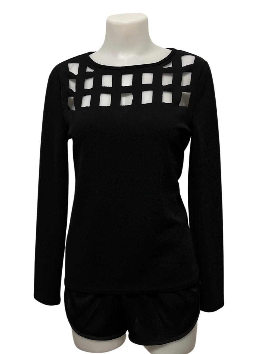 Black sweater with cutout design on front and back