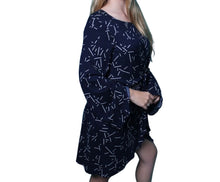 Load image into Gallery viewer, Navy patterned front knotted dress with bell sleeves
