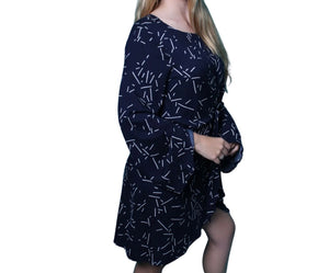 Navy patterned front knotted dress with bell sleeves