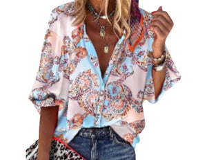 Baroque print lantern sleeve button up shirt