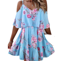 Load image into Gallery viewer, Blue floral ruffled dress with spaghetti straps
