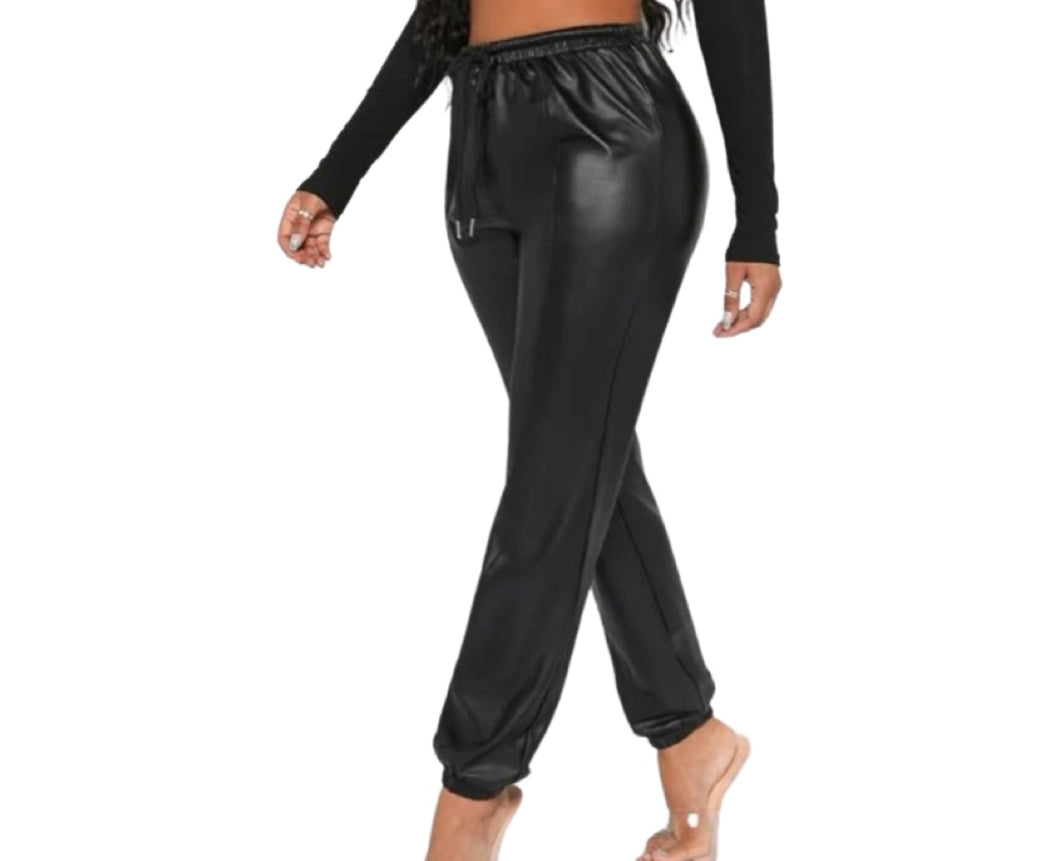 Drawstring waist PU leather pants