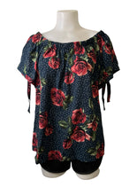 Load image into Gallery viewer, Off shoulder navy floral top with tie up sleeve
