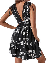 Load image into Gallery viewer, Black floral a-line dress with adjustable tie up straps
