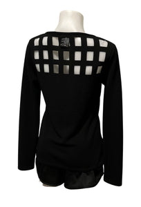 Black sweater with cutout design on front and back