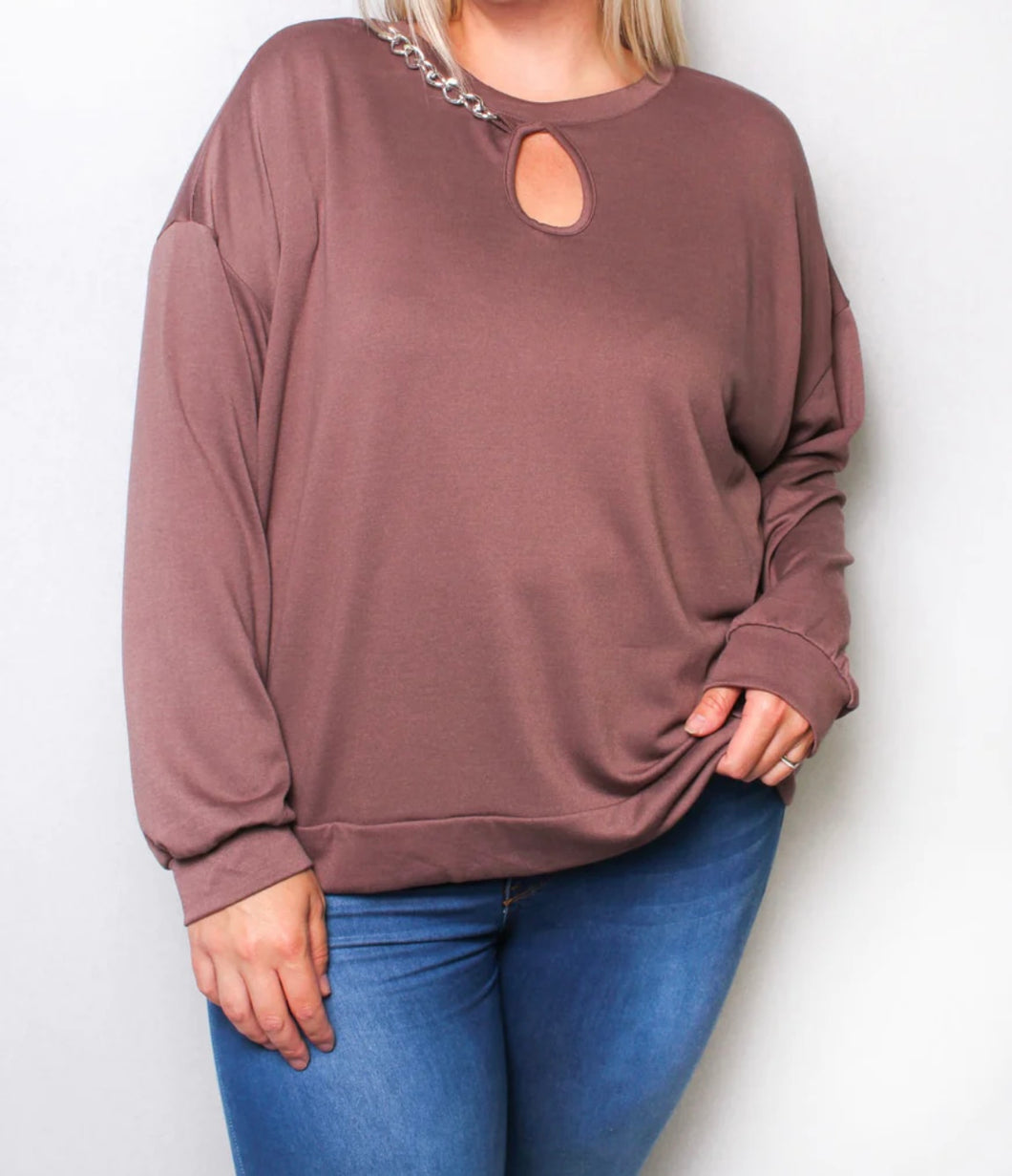 Plus size chain embellished long sleeve top