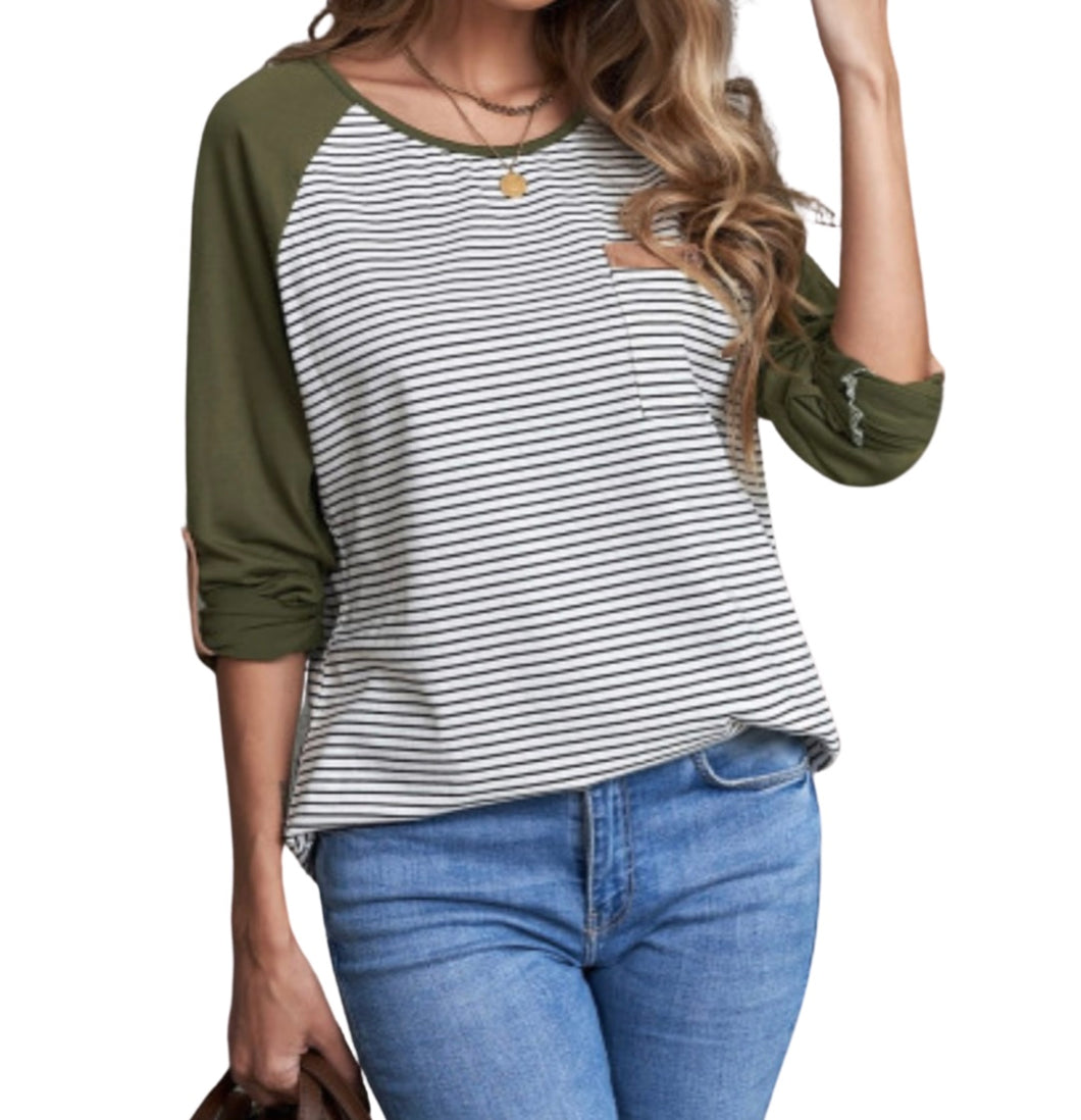 Raglan sleeve striped top with pocket