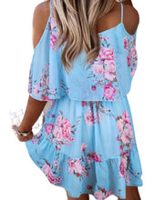 Load image into Gallery viewer, Blue floral ruffled dress with spaghetti straps
