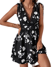 Load image into Gallery viewer, Black floral a-line dress with adjustable tie up straps
