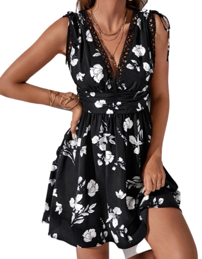 Black floral a-line dress with adjustable tie up straps