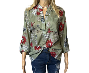 Button up floral blouse with 3/4 sleeve option.