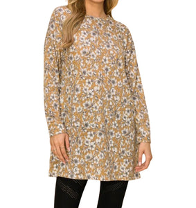 Plus size beige floral long sleeve dress with pockets