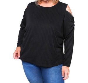 Plus size long sleeve top with cold shoulder